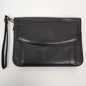 Vintage Yamani Black Leather Wrist Clutch Organizer Travel Bag Passport Cards